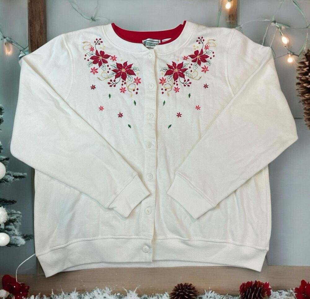 VTG Shenanigans Christmas Poinsettia Cardigan Sweatshirt Women Sz L Embroidered